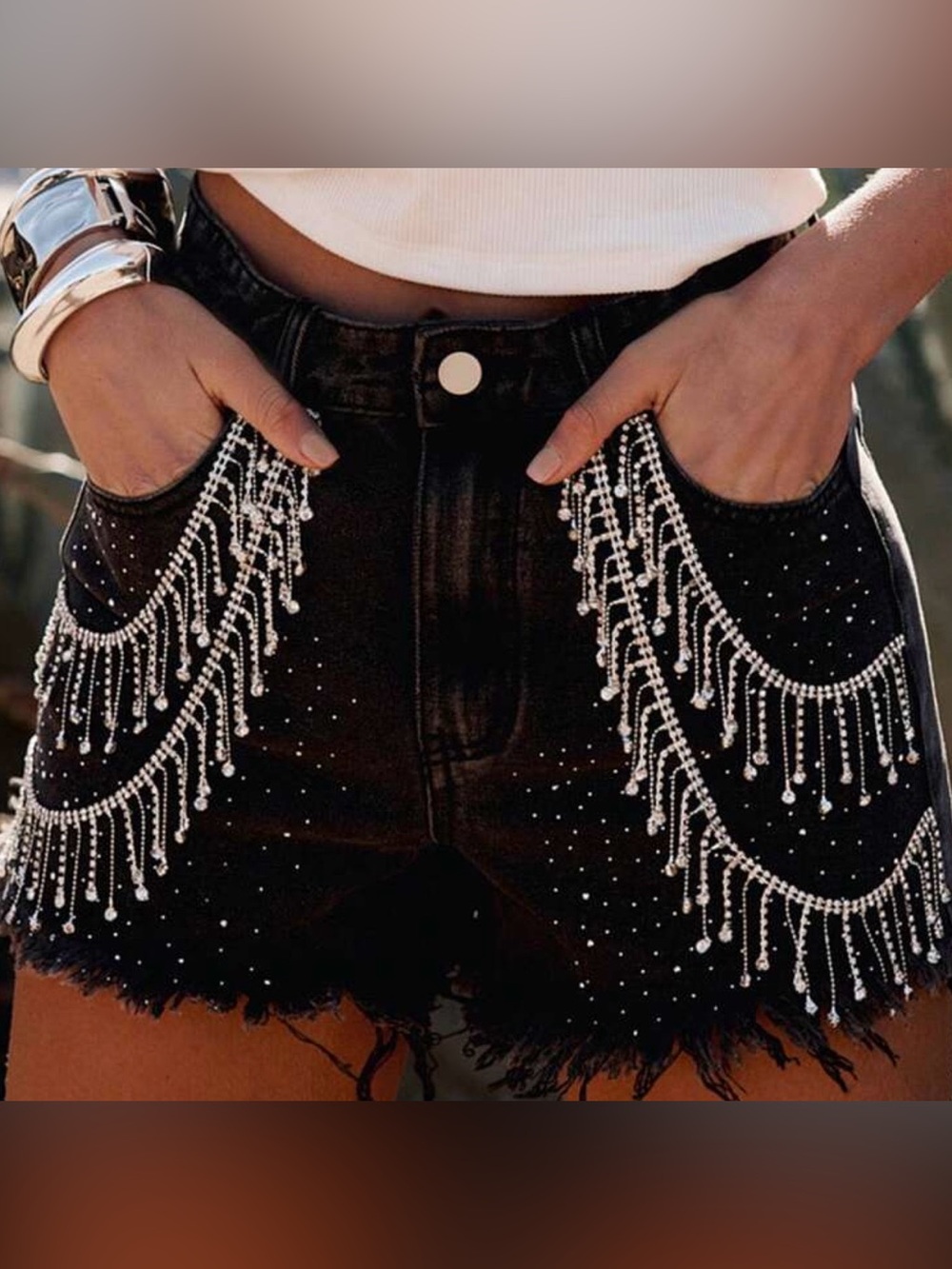 Black Embellished Fringe Denim Shorts
